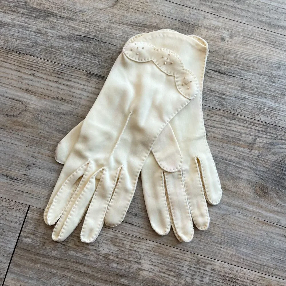 Vintage 60s White Gloves Beading Stitching Off White Cream Antique